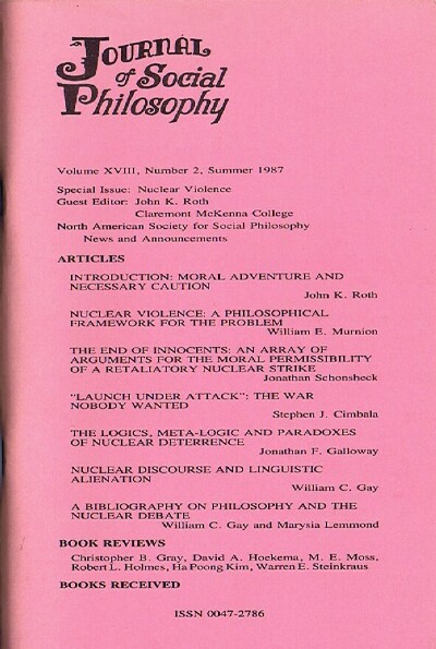 Image for Journal of Social Philosophy (Vol. XVIII, No. 2, Summer 1987): Nuclear Violence